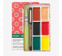Kuretake : Irodori Kobako Red : Set of 6 Gansai Tambi Watercolour Pans and 2 Pens