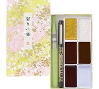 Kuretake Irodori Kobako Red Watercolor Paint Set, 6 Colours, Made in Japan | 6 rich colors, red washi box, brush pen & water brush pen, Professional Use, Artist Grade