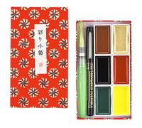 Kuretake IRODORI KOBAKO Red, Watercolor paint set 6 colours with Waterbrush and MANGAKA Black pen 0.1mm, Professional-quality for artists, Made in Japan