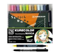 Kuretake ZIG CARTOONIST KURECOLOR Fine&Brush for MANGA 14 colours, Fine black pen and Skecth book set, Made in Japan, CNKC-2200N/15VS