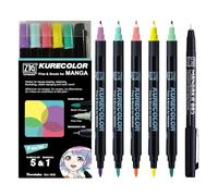 Kuretake Zig Cartoonist KURECOLOR Fine&Brush 5 colours with MANGAKA Black 0.1mm set, Alcohol-based twin tipped marker pens, for Artist, Professional, Made in Japan (Pastel)