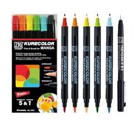 Kuretake Zig Cartoonist KURECOLOR Fine&Brush 5 colours with MANGAKA Black 0.1mm set, Alcohol-based twin tipped marker pens, for Artist, Professional, Made in Japan (Basic)