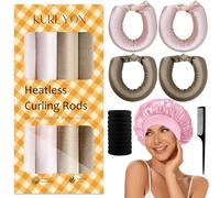 KUREYON Satin Heatless Hair Curler, 16 Piece Set, Overnight Heatless Curls, Not easy to slip Heatless Curling Rod You Can Sleep In, Soft Silk DIY Hair Styling Tools Kit, Silk Bonnet for Sleeping-Khaki