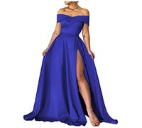 KURFACE A Line Satin Prom Dresses Long Backless Sweetheart Neck Plus Size Sleeveless Off The Shoulder Evening Gowns with Pockets Royal Blue UK24