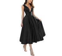 KURFACE Black Prom Dresses 2024 for Teens Tea Length Satin Homecoming Dress A Line Corset Summer Formal Ball Gown UK14