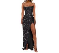 KURFACE Black Prom Dresses for Teens 2025 Sleeveless Sequined Ball Gown with Slit Spaghetti Strap Evening Party Gown UK8
