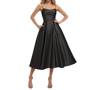 KURFACE Black Prom Dresses for Teens with Pockets Spaghetti Strap Satin Ball Gown Sleeveless Evening Formal Dress UK18