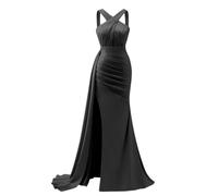 KURFACE Black Prom Dresses with Slit for Teens Criss-Cross Mermaid Satin Ball Gown Floor Length Formal Evening Dress UK10