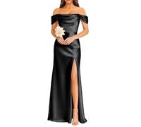 KURFACE Black Satin Bridesmaid Dresses for Women with Slit Plus Size Off Shoulder Prom Dress Long Ball Gown UK30