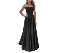 KURFACE Black Satin Prom Dresses for Teens 2024 Spaghetti Strap Cowl Neck Long Bridesmaid Dress Formal Gown UK24