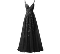 KURFACE Black Tulle Prom Dresses for Women with Lace Applique V Neck Corset Elegant Formal Dress Evening Gown UK6
