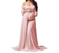 KURFACE Blush Pink Chiffon Strapless Maternity Dresses for Photshoot Long Sleeve Baby Shower Dress Maternity Gowns UK20