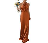 KURFACE Boho Beach Satin Bridesmaid Dresses for Women Pleated Maid of Honor Burnt Orange Halter Formal Evening Dress UK16