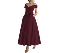 KURFACE Burgundy Prom Dresses for Women Plus Size Tea Length Mother of The Groom Dress with Pockets Satin Formal Gown UK20
