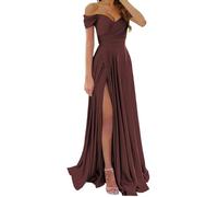 KURFACE Burgundy Satin Prom Dresses for Teens with Slit Pleated Off Shoulder Satin Bridesmaid Dress Long Maid of Honor UK14