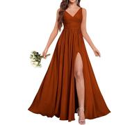 KURFACE Burnt Orange Bridesmaid Dresses for Women with Slit Pleated A Line V Neck Chiffon Wedding Guest Dress Formal Gown UK22