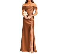 KURFACE Burnt Orange Satin Bridesmaid Dresses for Women with Slit Plus Size Off Shoulder Prom Dress Long Ball Gown UK30