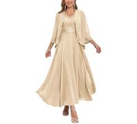 KURFACE Champagne Lace Applique Chiffon Mother of The Bride Dresses with Jacket V Neck A Line Formal Evening Dress UK20