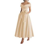 KURFACE Champagne Prom Dresses for Women Plus Size Tea Length Mother of The Groom Dress with Pockets Satin Formal Gown UK20
