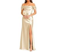 KURFACE Champagne Prom Dresses with Slit for Teens Off Shoulder Satin Bridesmaid Dress Corset Formal Party Gown Long UK20