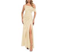 KURFACE Champagne Satin Prom Dresses for Women with Slit Cold Shoulder Bridesmaid Dress Floor Length Corset Formal Gown UK26
