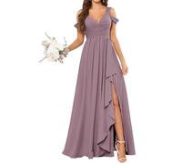 KURFACE Chiffon Bridesmaid Dresses with Slit Wisteria Cold Shoulder Formal Dress Corset A Line Evening Gown UK18