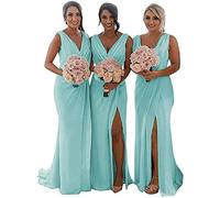 KURFACE Chiffon Wedding Bridesmaid Dresses Long High Split Draped Maxi Formal Gowns for Women Party Evening with V Neckline Aqua Blue UK16