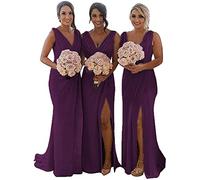KURFACE Chiffon Wedding Bridesmaid Dresses Long High Split Draped Maxi Formal Gowns for Women Party Evening with V Neckline Plum UK16