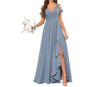KURFACE Cold Shoulder Bridesmaid Dresses for Wedding Dusty Blue Chiffon Formal Evening Dress Long Maid of Honor UK8