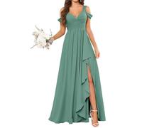 KURFACE Cold Shoulder Bridesmaid Dresses for Wedding Eucalyptus Chiffon Formal Evening Dress Long Maid of Honor UK24