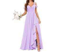 KURFACE Cold Shoulder Bridesmaid Dresses for Wedding Lilac Chiffon Formal Evening Dress Long Maid of Honor UK24