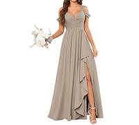 KURFACE Cold Shoulder Bridesmaid Dresses for Wedding Taupe Chiffon Formal Evening Dress Long Maid of Honor UK8