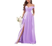 KURFACE Cold Shoulder Bridesmaid Dresses Lilac Plus Size for Women with Pockets Chiffon Long Formal Dress with Slit UK22