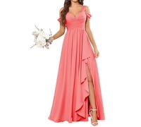 KURFACE Coral Bridesmaid Dresses for Women with Slit Plus Size Cold Shoulder Chiffon Wedding Guest Dress UK22