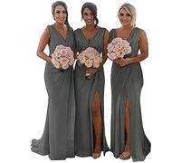 KURFACE Double V Neck Chiffon Bridesmaid Dresses with Slit Long for Women Mermaid Formal Gowns for Wedding Party Steel Gray UK12