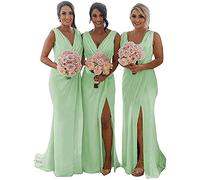 KURFACE Double V Neck Chiffon Bridesmaid Dresses with Slit Long for Women Mermaid Formal Gowns for Wedding Party Mint Green UK12