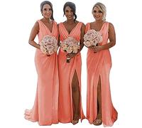 KURFACE Double V Neck Chiffon Bridesmaid Dresses with Slit Long for Women Mermaid Formal Gowns for Wedding Party Coral UK12