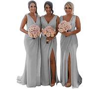 KURFACE Double V Neck Chiffon Bridesmaid Dresses with Slit Long for Women Mermaid Formal Gowns for Wedding Party Silver Gray UK12