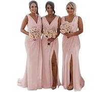 KURFACE Double V Neck Chiffon Bridesmaid Dresses with Slit Long for Women Mermaid Formal Gowns for Wedding Party Blush Pink UK12