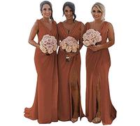 KURFACE Double V Neck Chiffon Bridesmaid Dresses with Slit Long for Women Mermaid Formal Gowns for Wedding Party Burnt Orange UK12