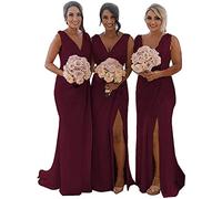 KURFACE Double V Neck Chiffon Bridesmaid Dresses with Slit Long for Women Mermaid Formal Gowns for Wedding Party Burgundy UK12
