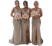 KURFACE Double V Neck Chiffon Bridesmaid Dresses with Slit Long for Women Mermaid Formal Gowns for Wedding Party Taupe UK12