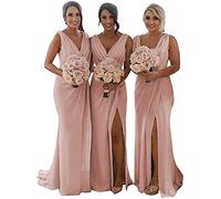 KURFACE Double V Neck Chiffon Bridesmaid Dresses with Slit Long for Women Mermaid Formal Gowns for Wedding Party Dusty Rose UK12