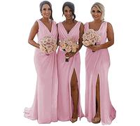 KURFACE Double V Neck Chiffon Bridesmaid Dresses with Slit Long for Women Mermaid Formal Gowns for Wedding Party Pink UK12