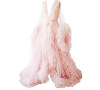 KURFACE Dressing Gown for Maternity Photoshoot Perspective Sheer Long Robe Puffy Tulle Robe Sheer Blush UK10