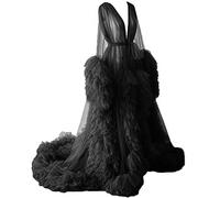 KURFACE Dressing Gown for Maternity Photoshoot Perspective Sheer Long Robe Puffy Tulle Robe Sheer Black UK6