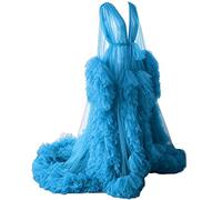 KURFACE Dressing Gown for Maternity Photoshoot Perspective Sheer Long Robe Puffy Tulle Robe Sheer Blue UK10