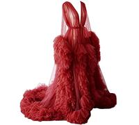 KURFACE Dressing Gown for Maternity Photoshoot Perspective Sheer Long Robe Puffy Tulle Robe Sheer Burgundy UK10