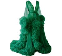 KURFACE Dressing Gown for Maternity Photoshoot Perspective Sheer Long Robe Puffy Tulle Robe Sheer Dark Green UK10