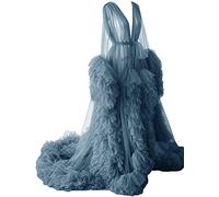 KURFACE Dressing Gown for Maternity Photoshoot Perspective Sheer Long Robe Puffy Tulle Robe Sheer Dusty Blue UK6